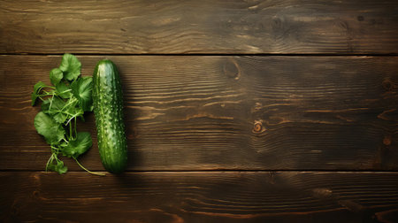 fresh green cucumber lies elegantly on a rustic wooden table, showcasing its vibrant color and sleek texture in this stunning top view, perfect for healthy eating and refreshing summer recipes, highlighting the beauty of natural ingredients and farm-to-table cuisine. ai generatedの素材