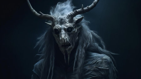 the wendigo hybrid, a mythical creature from native american folklore, is captured in this haunting portrait photograph, its humanoid features twisted with antlers and fur, evoking a sense of dark mysticism and supernatural horror, perfect for fans of fantasy and paranormal art. ai generatedの素材