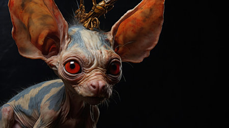 the pooka hybrid, a mystical creature from celtic mythology, gazes intensely into the camera lens, its humanoid features and rabbit-like ears blending seamlessly in this captivating portrait photograph, showcasing the whimsical beauty of mythical beings in a fantastical world of folklore and legend. ai generatedの素材