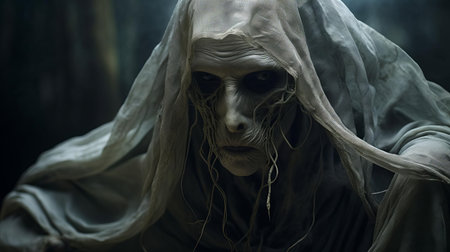 the wraiths hybrid, a mystical creature with an ethereal aura, gazes intensely into the lens, its haunting beauty and mysterious essence captivating the viewer in this stunning portrait photograph, showcasing the photographer's skill in capturing the subtleties of fantasy and mythology. ai generatedの素材
