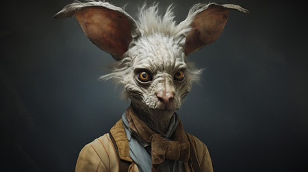 the pooka hybrid, a mystical creature from celtic mythology, gazes intensely into the lens, its fur a mesmerizing blend of brown and white, as it sits regally against a dark, mystical background, evoking a sense of ancient magic and folklore, perfect for fans of fantasy and mythology enthusiasts. ai generatedの素材