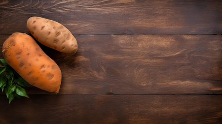 sweet potatoes sit proudly on a rustic wood table, their vibrant orange skin glistening in the light, surrounded by subtle wood grain textures, evoking a sense of natural, wholesome, and healthy eating, perfect for autumnal recipes and cozy dinner gatherings. ai generatedの素材