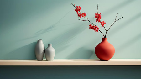 the minimalist table takes center stage in this intimate close-up shot, adorned with a delicate wall vase, showcasing a serene blend of modern simplicity and elegant decor, perfect for adding a touch of sophistication to any room's ambiance, highlighting the beauty of subtle home styling. ai generatedの素材
