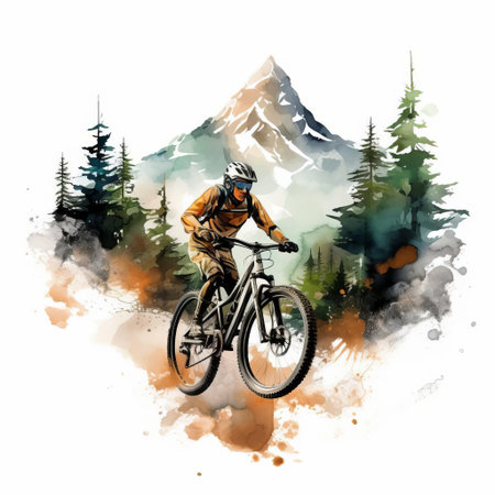 mountain bike, surrounded by lush greenery and vibrant flowers, rides effortlessly on a winding trail, capturing the essence of adventure and freedom, set against a crisp white background, perfect for outdoor enthusiasts and nature lovers, evoking feelings of excitement and serenity. ai generatedの素材