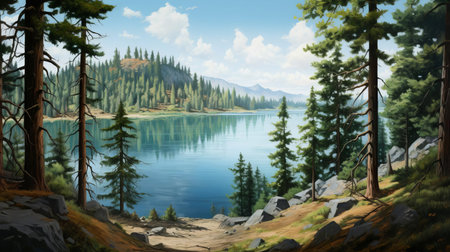 the serene lake, surrounded by majestic pine trees, reflects the vibrant blue sky, creating a breathtaking scenery perfect for nature lovers and photography enthusiasts, capturing the essence of tranquility and wilderness in this idyllic landscape. ai generatedの素材
