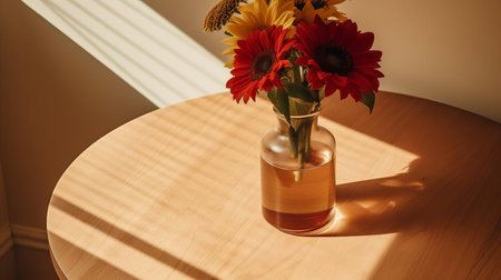 the minimalist table takes center stage in this intimate close-up shot, showcasing a lazy susan's effortless rotation, surrounded by subtle shadows and soft, natural light, evoking a sense of simplicity and functionality in modern dining and home decor settings. ai generatedの素材