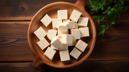 tofu sits elegantly on a rustic wood table, its creamy white texture and soft edges contrasting beautifully with the natural grain of the wooden surface, evoking a sense of healthy eating and sustainable living in a serene culinary setting. ai generatedの素材