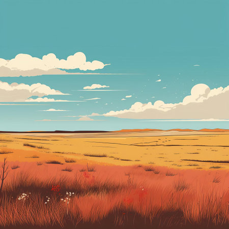 prairie landscape stretches across the horizon in this stunning minimalist line art piece, featuring a delicate balance of bold colors and subtle textures, evoking a sense of serenity and simplicity, perfect for nature lovers and art enthusiasts alike. ai generatedの素材