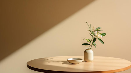 the minimalist table takes center stage in this intimate close-up shot, showcasing its sleek design and subtle texture, surrounded by a lazy susan's gentle curves, adding a touch of elegance to the overall modern aesthetic, perfect for a sophisticated dining experience. ai generatedの素材