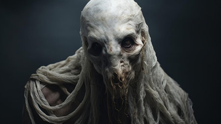 the wraiths hybrid, a mystical creature with an ethereal aura, gazes intensely into the lens, its piercing eyes radiating an otherworldly energy, as the subtle play of light and shadow accentuates its haunting beauty, evoking a sense of mystery and enchantment in this captivating portrait photograph. ai generatedの素材