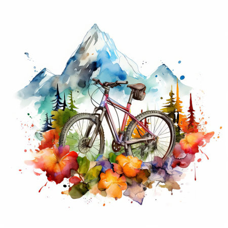 mountain bike, surrounded by lush greenery and majestic mountains, rides freely on a winding trail in this stunning watercolor clipart, set against a crisp white background, perfect for outdoor enthusiasts and cycling fans, evoking feelings of adventure and freedom. ai generatedの素材