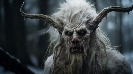 the wendigo hybrid, a mythical creature from native american folklore, is captured in this haunting portrait photograph, its eerie eyes and twisted features evoking a sense of foreboding and dread, blending human and monstrous elements in a chilling fusion of horror and fantasy. ai generatedの素材