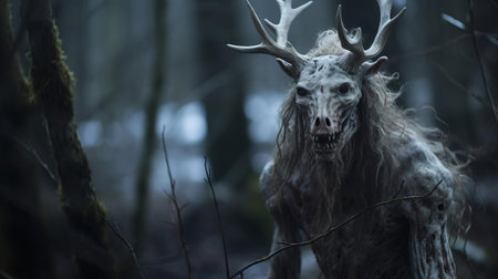 the wendigo hybrid, a mythical creature from native american folklore, is captured in this haunting portrait photograph, its eerie eyes and twisted features evoking a sense of dark magic and supernatural terror, blending human and beastly characteristics in a chilling fusion of horror and fantasy. ai generatedの素材