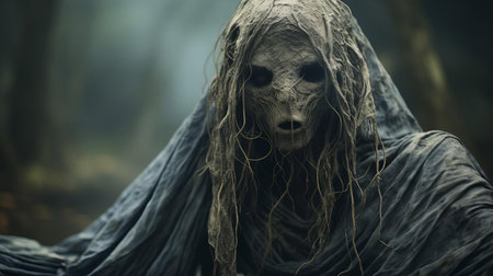 the wraiths hybrid, a mystical and eerie creature, is captured in this haunting portrait photograph, showcasing its ghostly features and ethereal aura, blending the darkness of the unknown with an otherworldly beauty, evoking a sense of mystique and fascination in this supernatural being. ai generatedの素材