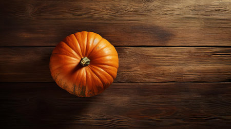 the pumpkin sits proudly on the rustic wood table, its vibrant orange hue contrasting beautifully with the natural grain of the wooden surface, evoking feelings of autumnal coziness and harvest delight, perfect for seasonal decorations and fall festivities. ai generatedの素材