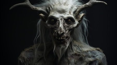 the wendigo hybrid, a mythical creature from native american folklore, is captured in this haunting portrait photograph, its humanoid features twisted with antlers and fur, evoking a sense of dark mysticism and supernatural horror, perfect for fans of paranormal fantasy and mythology-inspired art. ai generatedの素材