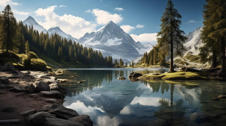 the serene alpine lake, nestled between towering pine trees, reflects the majestic beauty of the surrounding mountains, creating a tranquil atmosphere perfect for nature lovers and outdoor enthusiasts to unwind and connect with the natural world. ai generatedの素材