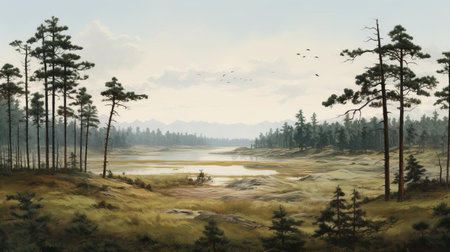 the serene coastal plain of a tranquil lake stretches out before us, nestled between a stand of towering pine trees, their emerald canopies a vibrant contrast to the calm, glassy water and the soft, sandy shoreline, creating a peaceful atmosphere perfect for relaxation and nature exploration. ai generatedの素材
