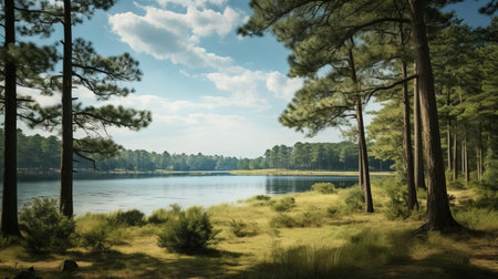 the serene lake's coastal plain stretches calmly between the towering pine trees, offering a tranquil atmosphere and breathtaking scenery, perfect for nature lovers and photographers seeking to capture the beauty of lakeside landscapes and forest surroundings. ai generatedの素材
