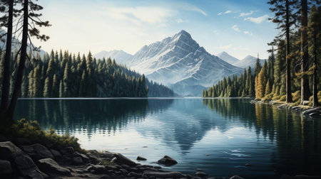 the serene alpine lake, nestled among towering pine trees, reflects the majestic beauty of the surrounding mountains, creating a tranquil atmosphere perfect for nature lovers and outdoor enthusiasts seeking relaxation in the heart of the wilderness. ai generatedの素材