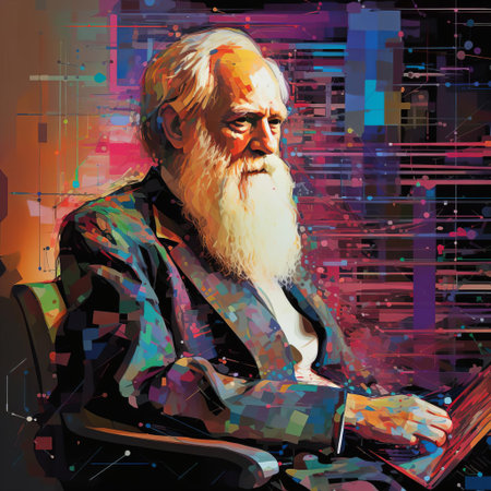 charles darwin's groundbreaking theory of evolution is reimagined in a futuristic, neon-lit landscape, blending 19th-century scientific discovery with a dystopian, glitch-art aesthetic, evoking the intersection of natural history, technological advancement, and the digital age. ai generatedの素材
