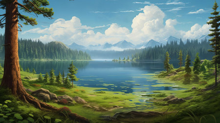 the serene lake's coastal plain stretches calmly between the towering pine trees, offering a tranquil atmosphere with its gentle lapping waters and lush green surroundings, perfect for relaxation and nature escapes in the midst of a peaceful forest landscape. ai generatedの素材
