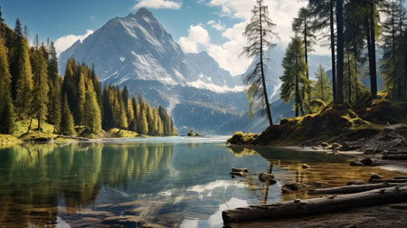 the serene alpine lake, nestled between towering pine trees, reflects the majestic beauty of the surrounding mountains, creating a tranquil atmosphere perfect for nature lovers and photographers seeking breathtaking scenery and picturesque landscapes in the heart of the mountains. ai generatedの素材