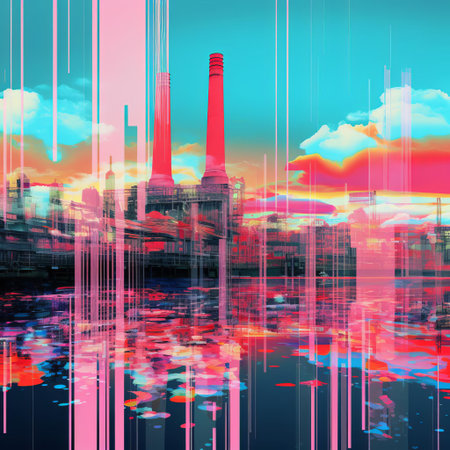 the steam engine, a pivotal symbol of the british industrial revolution, is reimagined in a futuristic, abstract landscape, infused with a y2k-inspired databending aesthetic, blending the nostalgia of industrial heritage with the chaos of digital distortion, evoking a sense of transformative upheaval in the annals of technological progress. ai generatedの素材