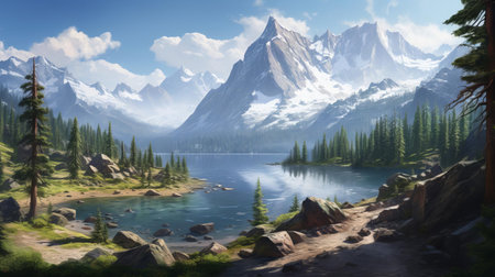 the serene alpine lake, nestled between towering pine trees, reflects the majestic surrounding mountains, creating a breathtaking scene of tranquility and natural beauty, perfect for hikers and nature lovers seeking solace in the great outdoors. ai generatedの素材
