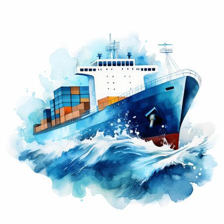 cargo ship, majestically sailing across the calm ocean, is beautifully illustrated in watercolor style on a crisp white background, showcasing its massive containers and intricate details, perfect for nautical and transportation-themed designs, marine art, and educational projects. ai generatedの素材