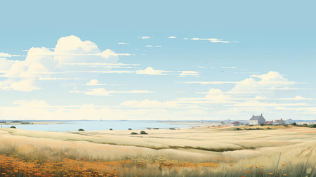 the prairie landscape of southeastern europe is majestically portrayed in this illustration, exuding serene beauty through gentle hues and a sweeping panoramic scale, reminiscent of dutch landscapes and suffolk coast views, with delicate light yellow and light blue tones evoking a sense of peacefulness and simplicity. ai generatedの素材