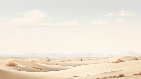 the arabian prairie landscape illustration exudes serene beauty, embracing simplicity and gentle hues on a panoramic scale, reminiscent of dutch landscapes and suffolk coast views, with delicate tones of light yellow and light blue evoking a sense of peacefulness and tranquility in this idyllic natural scenery. ai generatedの素材