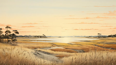 the great lakes' prairie landscape illustration exudes serene beauty, embracing simplicity and gentle hues on a panoramic scale, reminiscent of dutch landscapes and suffolk coast views, with delicate light yellow and light blue tones evoking peacefulness and tranquility in this idyllic natural scenery. ai generatedの素材