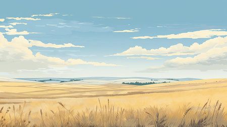 prairie landscape illustration showcases the serene beauty of the highlands, embracing simplicity and gentle hues in a panoramic scale, reminiscent of dutch landscapes with a hint of suffolk coast views, featuring delicate tones of light yellow and light blue to evoke a sense of peacefulness and tranquility in nature. ai generatedの素材