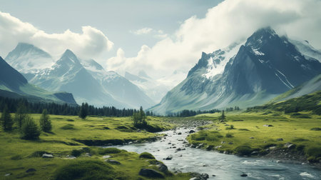 the majestic alpine landscape unfolds with a serene and calming vibe, transporting viewers to a tranquil world of towering mountain peaks, lush green forests, and sparkling waterfalls, evoking feelings of relaxation and awe, perfect for nature lovers and photography enthusiasts alike. ai generatedの素材