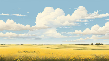 the prairie landscape illustration masterfully conveys a sense of serene beauty, characterized by gentle hues, a panoramic scale, and delicate tones of light yellow and light blue, evoking a peaceful atmosphere reminiscent of dutch landscapes and suffolk coast views. ai generatedの素材