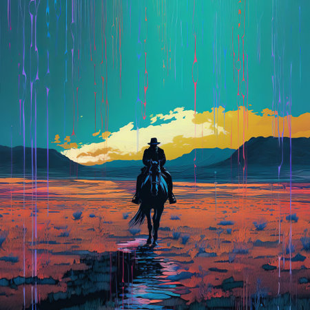 cowboy, surrounded by glitch art distortions and neon hues, rides a horse through a futuristic, pixelated american frontier landscape, blending the lawless wild west with a dystopian, cyberpunk atmosphere, evoking a sense of digital chaos and disorder in this surreal, y2k-inspired artwork. ai generatedの素材