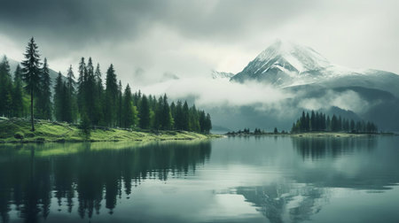 mountain peaks stretch towards the sky, surrounded by lush green forests and serene lakes, creating a breathtaking panorama that exudes a calming and peaceful atmosphere, perfect for relaxation and meditation, evoking feelings of tranquility and stillness in this stunning natural landscape. ai generatedの素材