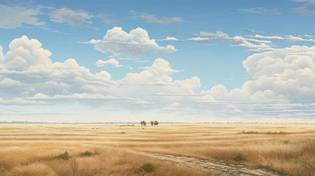 the prairie landscape illustration masterfully conveys the tranquil atmosphere of kola's serene natural scenery, characterized by gentle hues, soft light yellow and light blue tones, and a breathtaking panoramic scale, evoking a sense of peacefulness reminiscent of dutch landscapes and suffolk coast views. ai generatedの素材