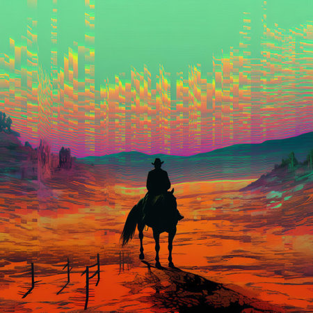 "cowboy, surrounded by glitching neon hues, rides a distorted horse through a warped american frontier landscape, as vintage saloons and tumbleweeds dissolve into futuristic digital noise, blending the wild west with a dystopian cyberpunk atmosphere, evoking a sense of technological disruption in the lawless frontier era.", ai generatedの素材