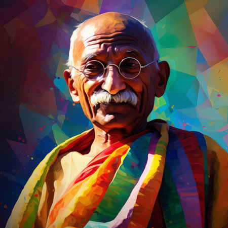 mahatma gandhi, india's iconic freedom fighter, stands solemnly in this abstract, databent representation of his assassination, blending vintage indian independence era aesthetics with futuristic y2k glitch art, evoking a sense of digital disruption amidst a pivotal moment in indian history. ai generatedの素材