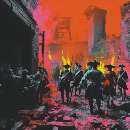 the gunpowder plot's infamous failed assassination attempt on king james i is reimagined in a futuristic, glitch-art landscape, where 17th-century revolutionaries meet dystopian cyberpunk, blending the english civil war's tumultuous history with a mesmerizing y2k databending aesthetic, evoking a sense of digital disorder and rebellion. ai generatedの素材