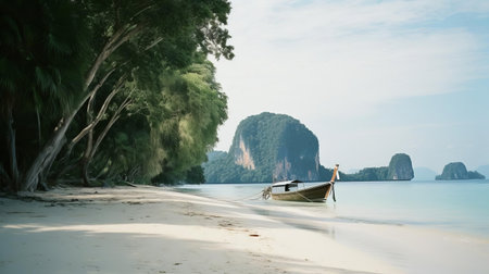 the tropical scenery in thailand unfolds in warm, golden hues, with powdery white sand beaches stretching towards the turquoise horizon, captured in a nostalgic, grainy aesthetic through the lens of analog film photography, evoking a sense of timeless tranquility and exotic escapism. ai generatedの素材