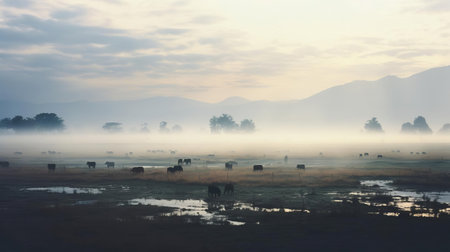 the serene pasture in rural thailand stretches towards the horizon, where white sand meets lush green grass, captured in warm, nostalgic tones through the lens of analog film photography, evoking a sense of tranquility and simplicity in this idyllic countryside scene. ai generatedの素材