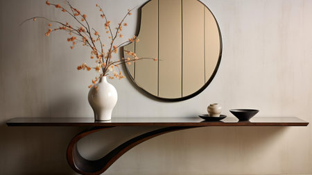 the minimalist table stands elegantly in the center of the frame, surrounded by the subtle reflections of a large wall mirror, creating a sense of simplicity and sophistication in this modern interior design setting, perfect for adding a touch of elegance to any living room or bedroom decor. ai generatedの素材