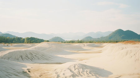 uplands in thailand stretch as far as the eye can see, with rolling hills and mountains providing a stunning backdrop to the rustic villages and rice fields below, captured in warm, nostalgic tones on analog film, evoking a sense of serenity and simplicity, with white sand pathways leading to hidden waterfalls. ai generatedの素材