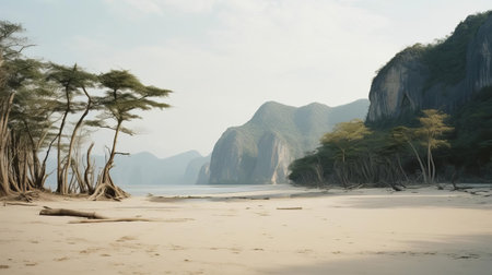 the uplands of thailand unfold in serene beauty, with white sand dunes stretching towards the horizon, captured in warm, nostalgic tones through the lens of analog film photography, evoking a sense of adventure and tranquility in this unique landscape. ai generatedの素材