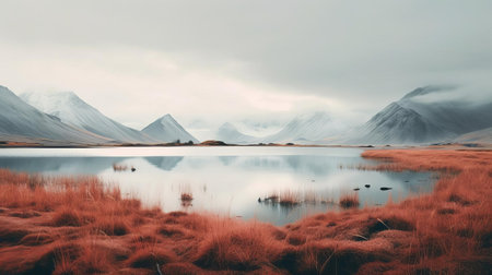 rugged mountains rise majestically in the background of this breathtaking landscape, contrasting with the serene and calming atmosphere that pervades the scene, evoking feelings of tranquility and peacefulness, perfect for nature lovers and photography enthusiasts seeking solace in the great outdoors. ai generatedの素材