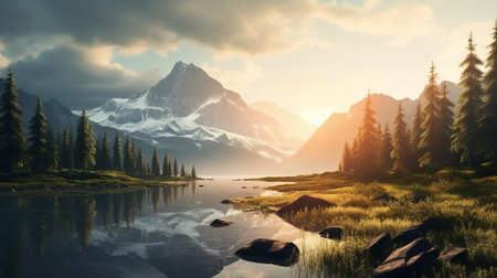 mountain ranges stretch across the horizon, embracing a tranquil lake that mirrors the sky's soft hues, evoking a sense of peacefulness and serenity in this breathtakingly beautiful magical landscape, perfect for relaxation and meditation. ai generatedの素材