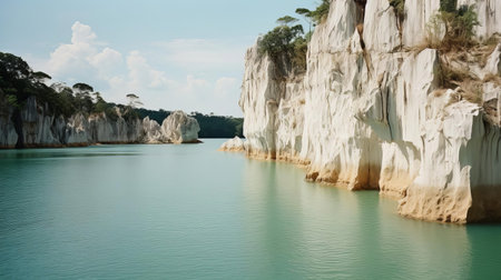 the quarry in thailand stands majestically, surrounded by lush greenery, its rugged edges softened by the warm glow of natural light, captured beautifully on analog film, with the pristine white sand at its base, evoking a sense of serenity and tranquility in this stunning landscape photograph. ai generatedの素材